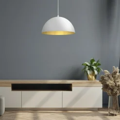 Store Biała, okazała lampa wisząca ze złotym wnętrzem MLP7897 z serii BETA | Kaja Oświ Żyrandole Nowoczesne