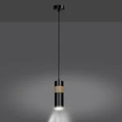 Online Czarna lampa wisząca z drewnianym elementem 732/1 z serii AKA Żyrandole Nowoczesne