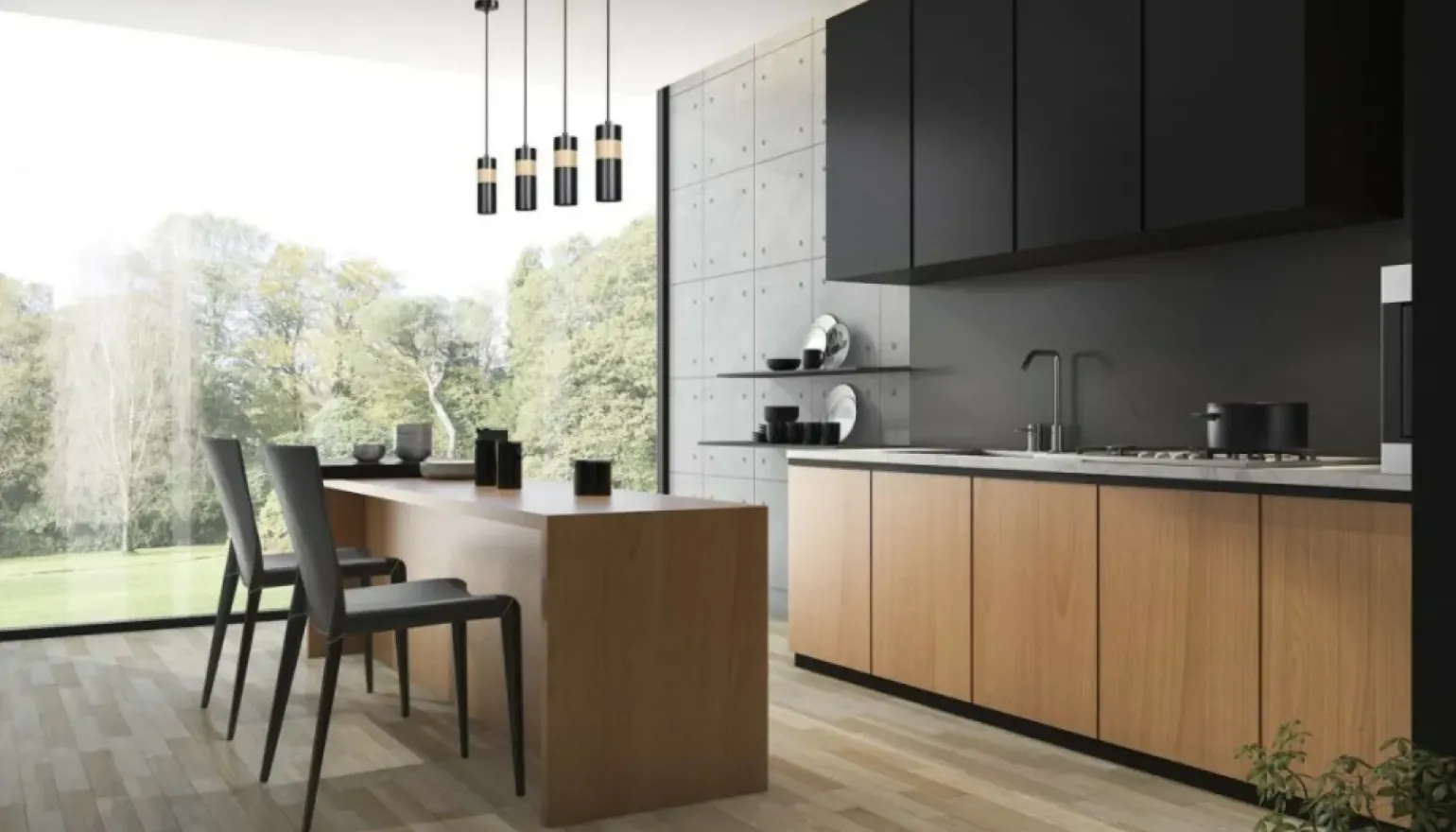 Online Czarna lampa wisząca z drewnianym elementem 732/1 z serii AKA Żyrandole Nowoczesne