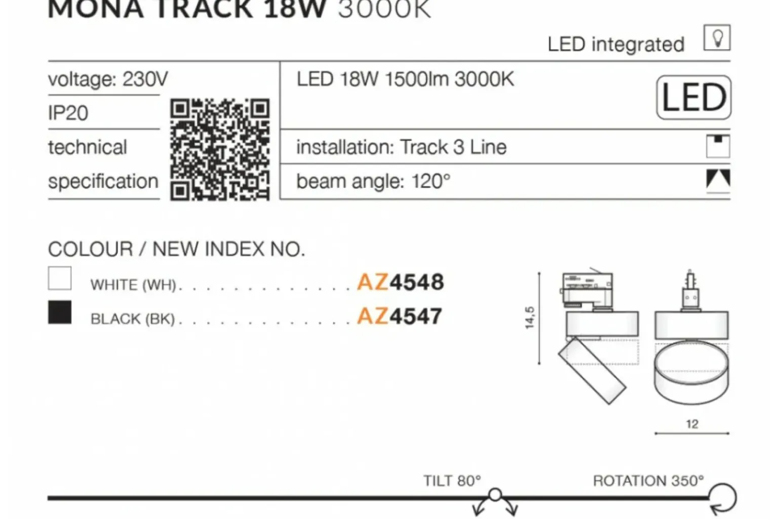 Sklep Kaja spot LED do szyny 3-fazowej natynkowej AZ4547 MONA | Kaja