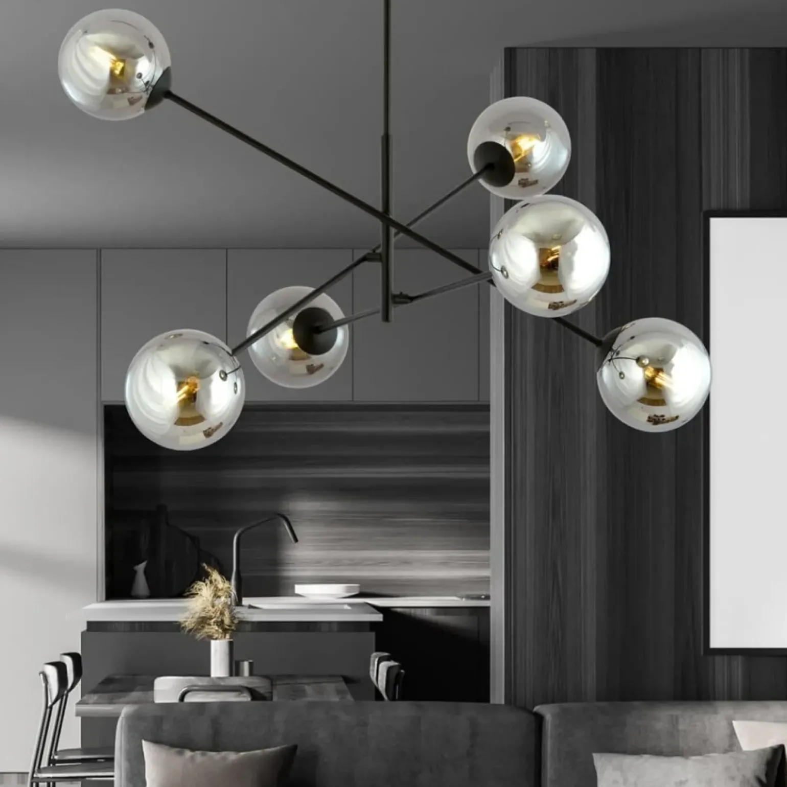 Fashion Duża, czarna lampa sufitowa z okrągłymi kloszami 1167/6 LINEAR | Kaja Żyrandole Nowoczesne