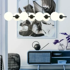 Best Sale Długa, dekoracyjna lampa z białymi kloszami 1205/8 z serii RORY | Kaja Żyrandole Nowoczesne