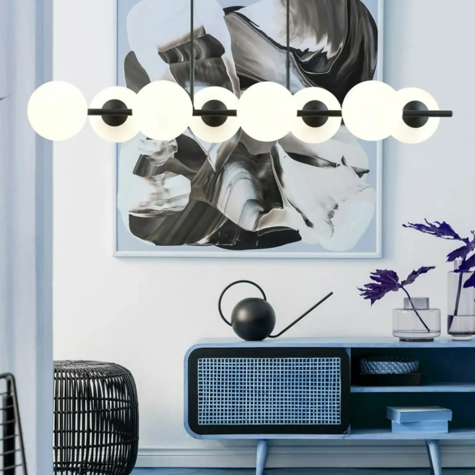 Best Sale Długa, dekoracyjna lampa z białymi kloszami 1205/8 z serii RORY | Kaja Żyrandole Nowoczesne