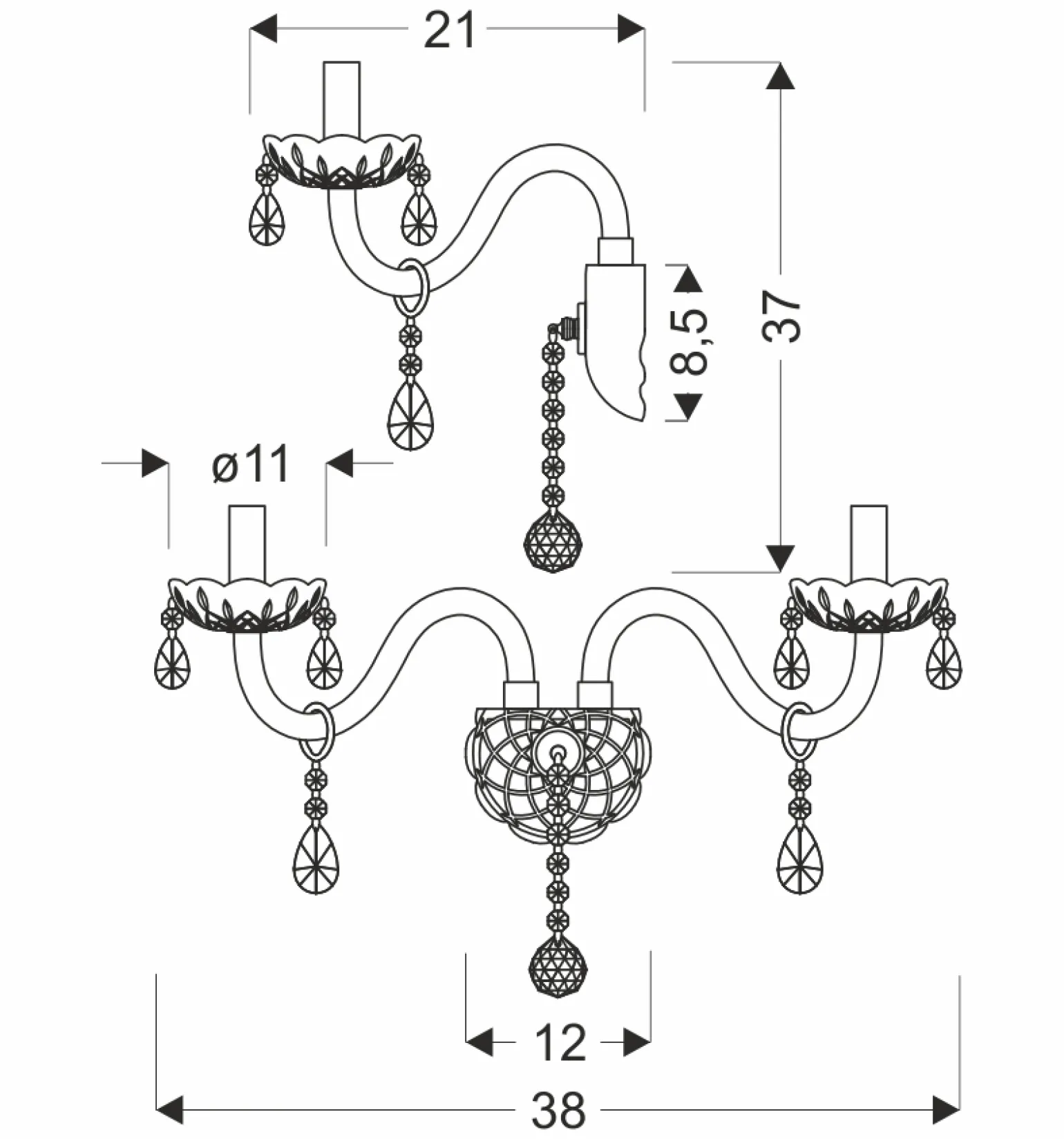 Sklep Kaja Dwuramienna, kryształowa lampa ścienna 22-30276 CRISTALLO | Kaja