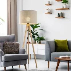 Sklep Kaja Klasyczna lampa stojąca, trójnóg z lnem TK 16021 GRAND SOSNA | Kaja