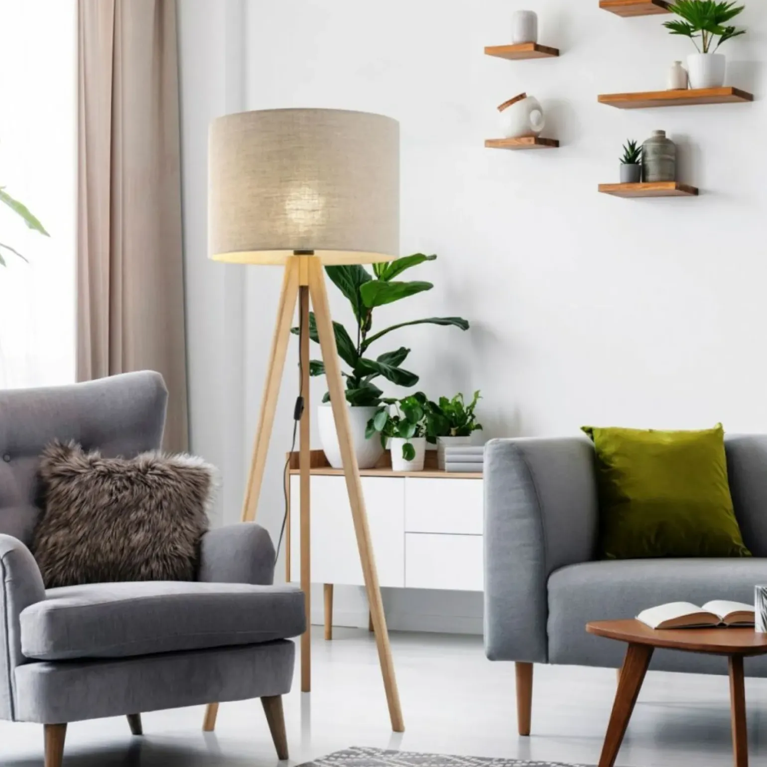 Sklep Kaja Klasyczna lampa stojąca, trójnóg z lnem TK 16021 GRAND SOSNA | Kaja