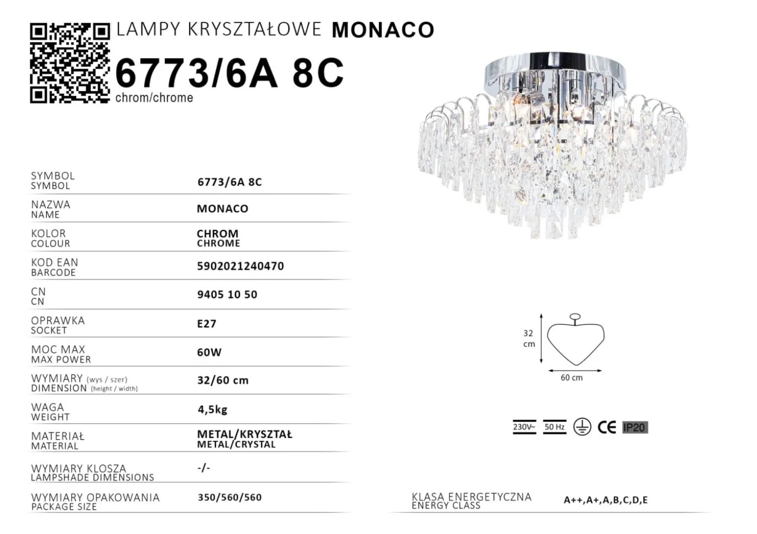 Sklep Kaja Kryształowa plafoniera do salonu 6773/6A 8C MONACO | Kaja Oświetlenie