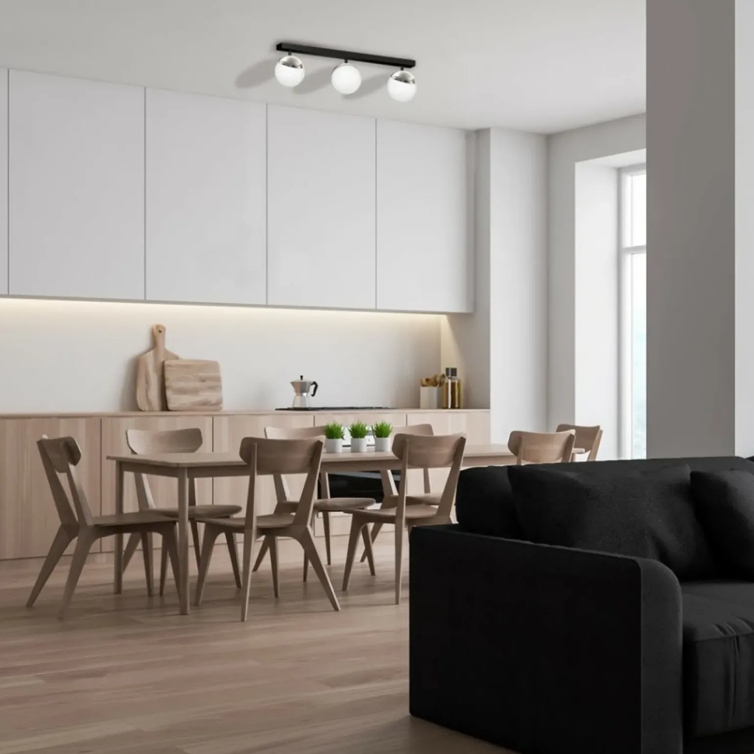 Clearance Lampa sufitowa na podłużnej listwie, trzy klosze MLP8873 z serii SFERA | Kaja Oś Żyrandole Nowoczesne