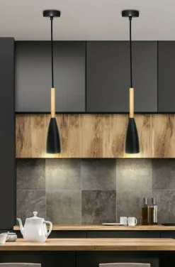 Best Lampa wisząca czarna z drewnem LEDEA 50101264 TROSA | Kaja Oświetlenie Żyrandole Nowoczesne