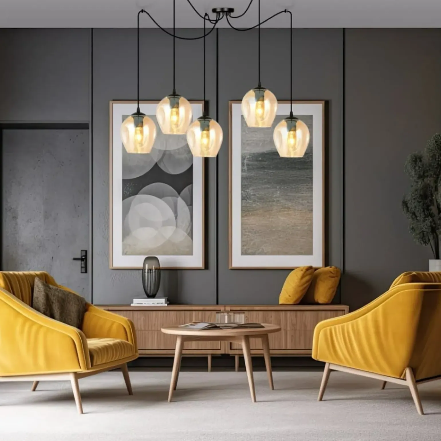 Outlet Lampa wisząca do podwieszania, bursztynowe klosze 758/5 LEVEL | Kaja Żyrandole Nowoczesne