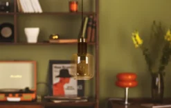 Shop Lampa wisząca z bursztynowym kloszem K-5265 z serii DOKA | Kaja Żyrandole Nowoczesne