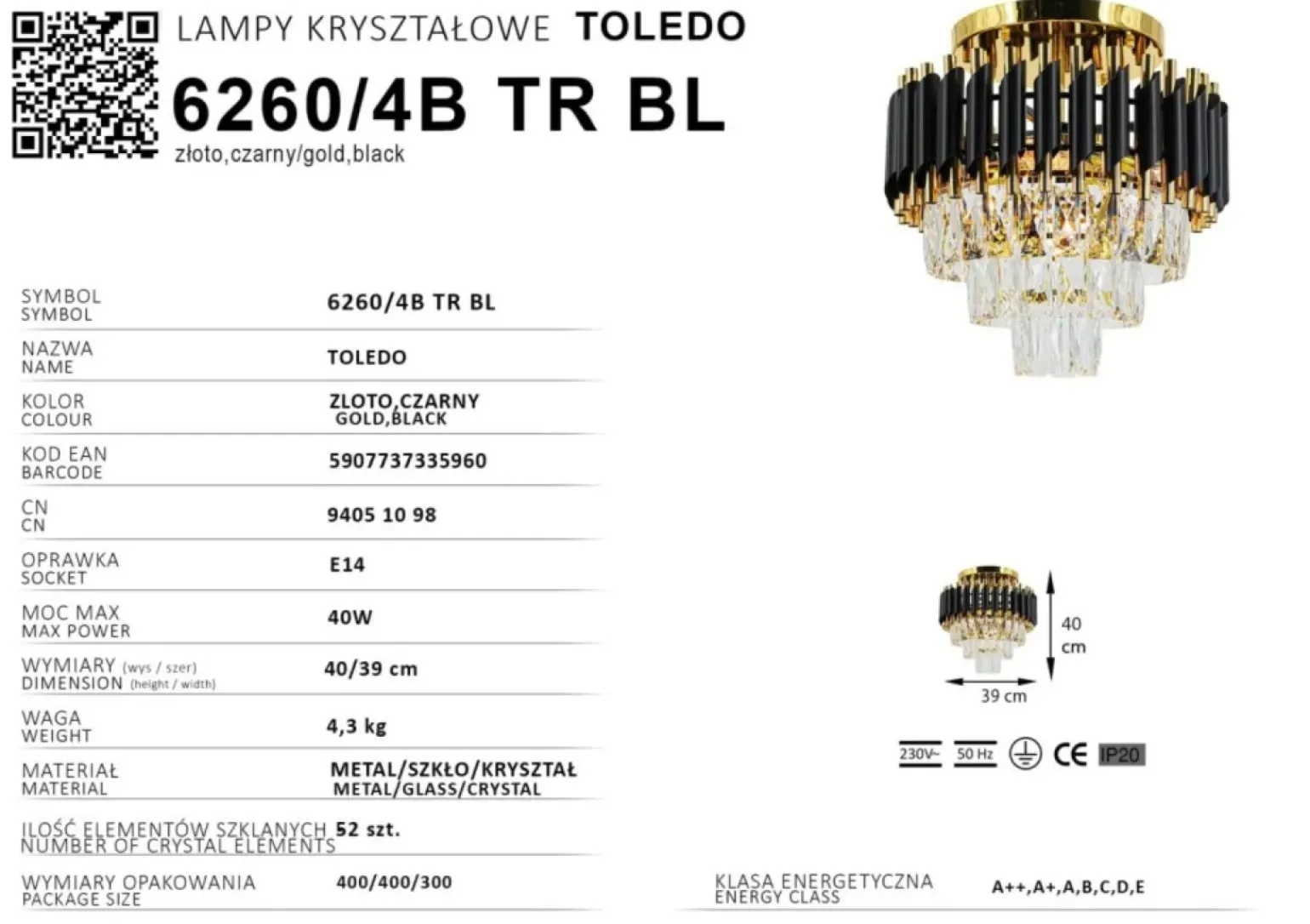 Best Pałacowa lampa sufitowa z kryształkami 6260/4B TR BL TOLEDO | Kaja Żyrandole Nowoczesne