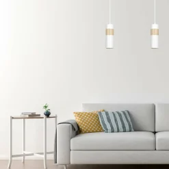 Outlet Pojedyncza biała lampa wisząca z drewnem 733/1 z serii AKA Żyrandole Nowoczesne