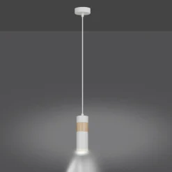 Outlet Pojedyncza biała lampa wisząca z drewnem 733/1 z serii AKA Żyrandole Nowoczesne