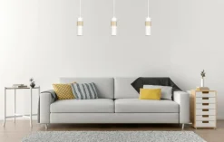 Outlet Pojedyncza biała lampa wisząca z drewnem 733/1 z serii AKA Żyrandole Nowoczesne