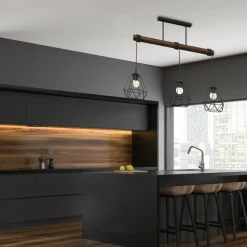 Store Potrójna lampa wisząca, z dekoracyjnym drewnem MLP7888 z serii ACERO | Kaja Oświ Żyrandole Nowoczesne