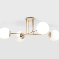 Store Złota lampa sufitowa z czterema białymi kloszami K-5403 z serii LUMIA Żyrandole Nowoczesne